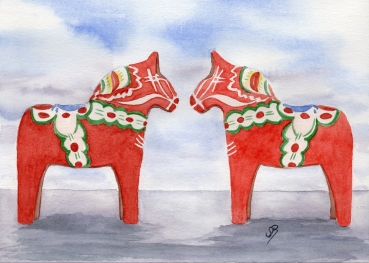 Postkarte DIN-A5 Aquarell Kunst Druck Kunstdruck Schweden Sweden Sverige Dalahästar Dalarna Pferde Dalapferd rot